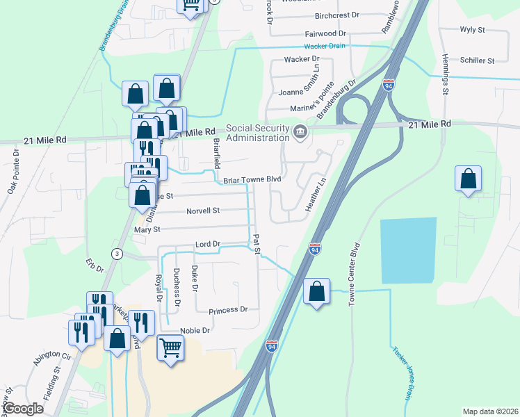 map of restaurants, bars, coffee shops, grocery stores, and more near 46563 Heathmoor Drive in Chesterfield