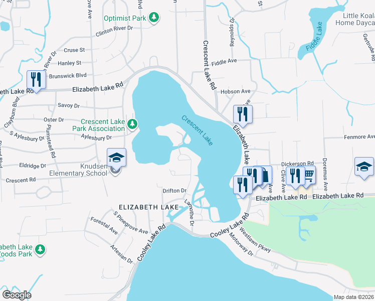 map of restaurants, bars, coffee shops, grocery stores, and more near 217 Reymont Road in Waterford Township