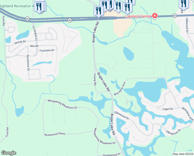map of restaurants, bars, coffee shops, grocery stores, and more near 250 Young Road in White Lake charter Township