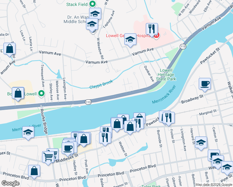 map of restaurants, bars, coffee shops, grocery stores, and more near 307 Pawtucket Boulevard in Lowell