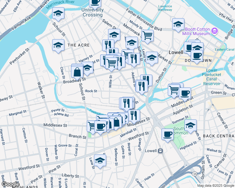 map of restaurants, bars, coffee shops, grocery stores, and more near 53 Rock Street in Lowell