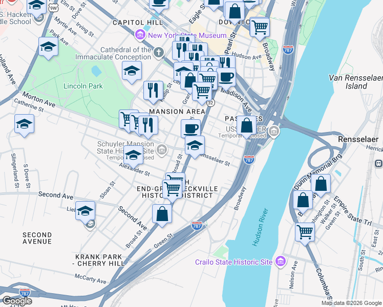 map of restaurants, bars, coffee shops, grocery stores, and more near 259 South Pearl Street in Albany