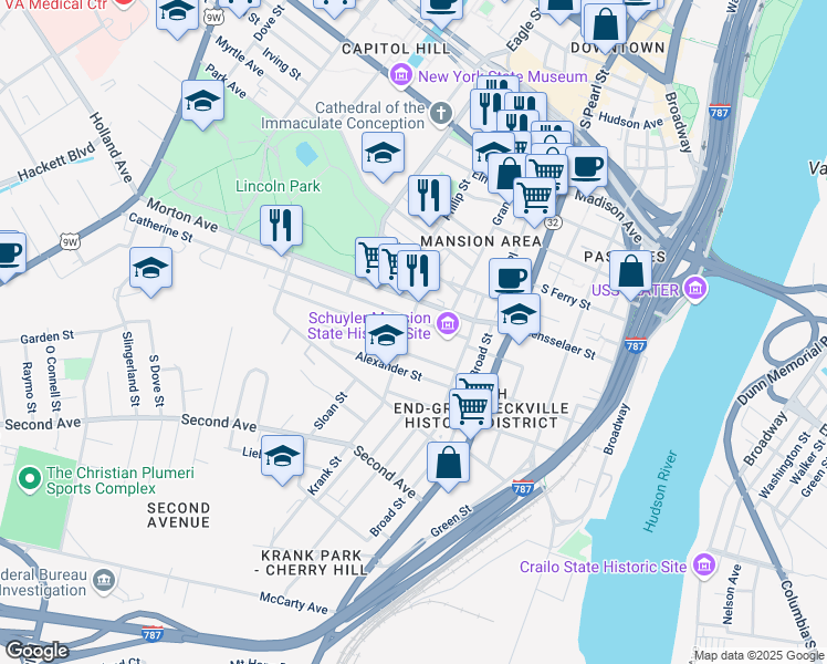map of restaurants, bars, coffee shops, grocery stores, and more near 29 Elizabeth Street in Albany