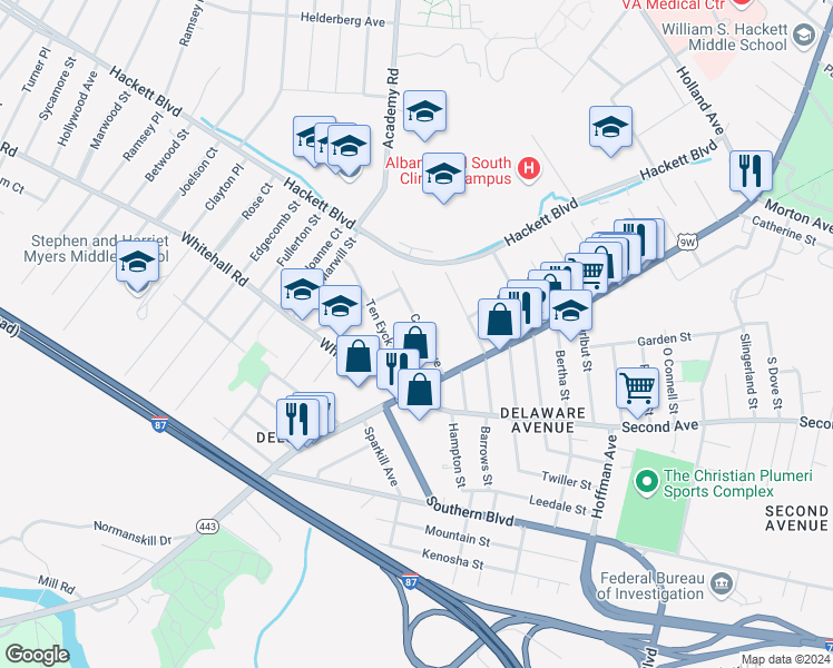 map of restaurants, bars, coffee shops, grocery stores, and more near 28 Cuyler Avenue in Albany