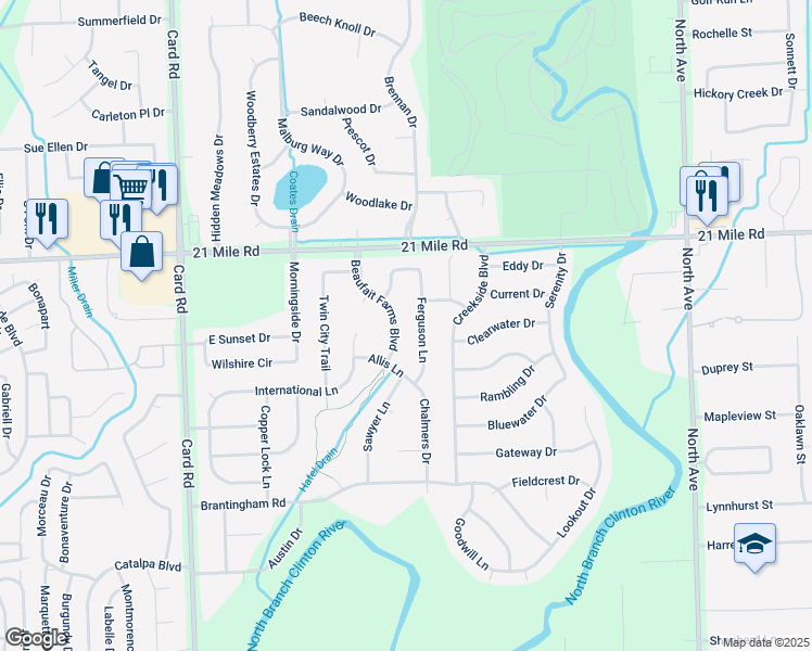 map of restaurants, bars, coffee shops, grocery stores, and more near 46813 Beaufait Farms Boulevard in Macomb
