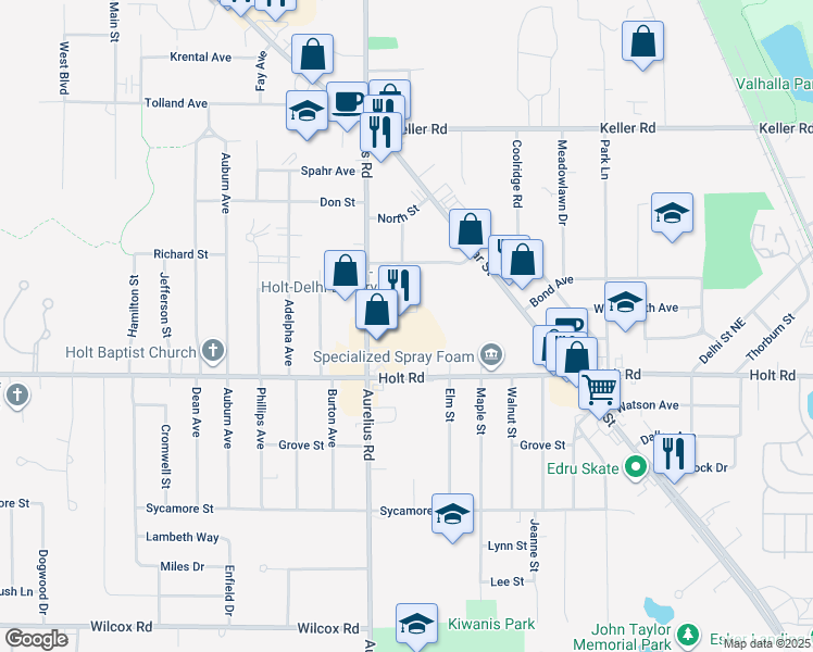 map of restaurants, bars, coffee shops, grocery stores, and more near 2074 North Aurelius Road in Delhi charter Township