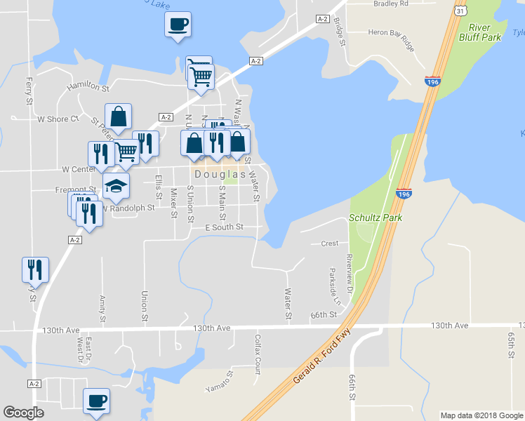 map of restaurants, bars, coffee shops, grocery stores, and more near 129 Water Street in Douglas