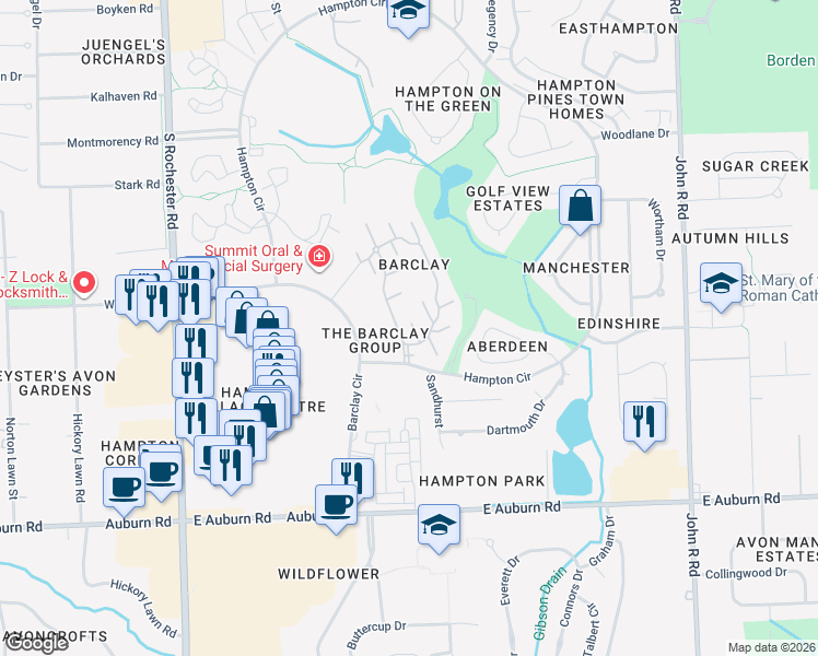 map of restaurants, bars, coffee shops, grocery stores, and more near 518 Oxford Court in Rochester Hills
