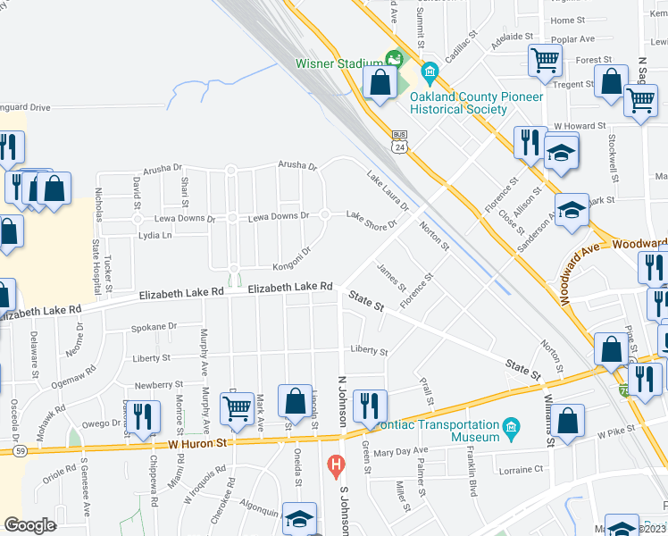 map of restaurants, bars, coffee shops, grocery stores, and more near 233 North Johnson Street in Pontiac