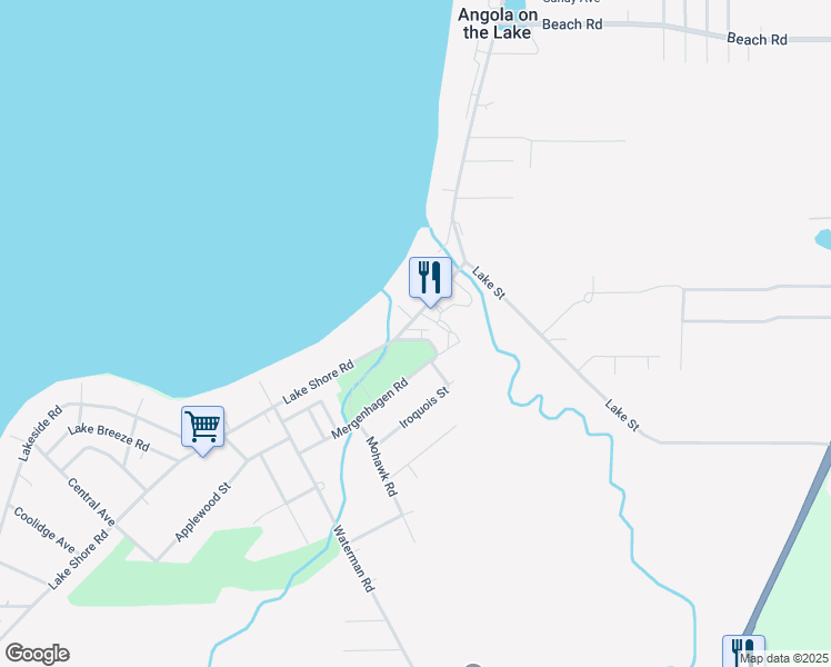 map of restaurants, bars, coffee shops, grocery stores, and more near 8930 Lake Shore Road in Angola