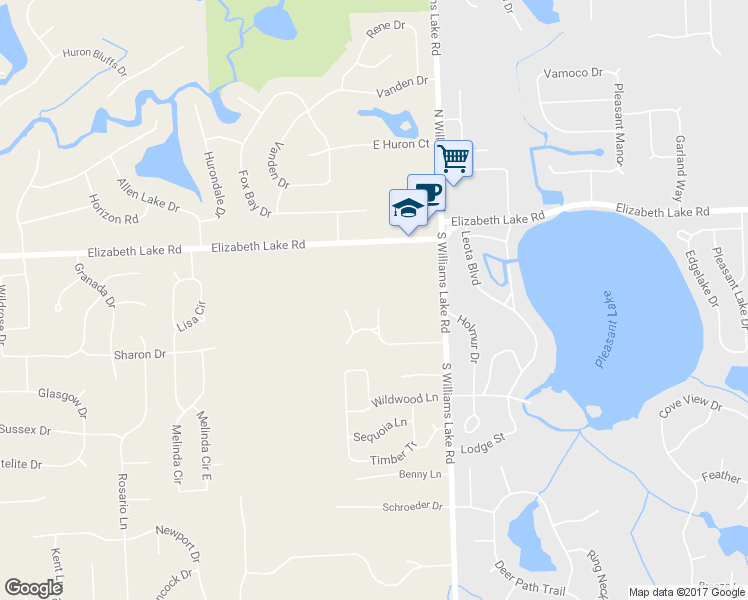 map of restaurants, bars, coffee shops, grocery stores, and more near 130 Huronview Court in White Lake charter Township