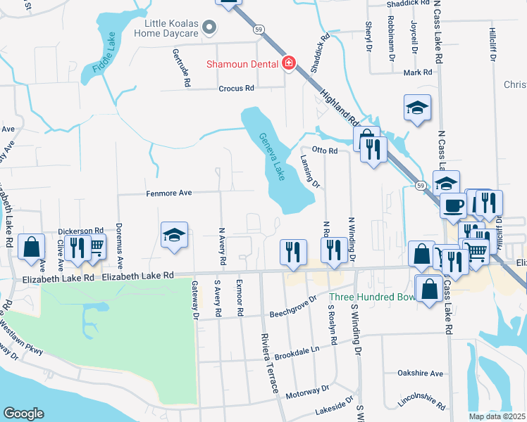 map of restaurants, bars, coffee shops, grocery stores, and more near 170 Leslie Lane in Waterford Township