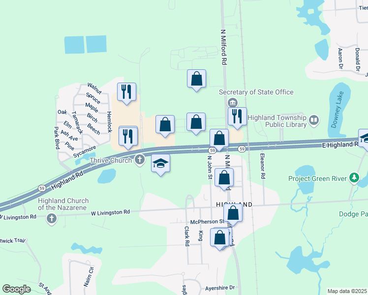 map of restaurants, bars, coffee shops, grocery stores, and more near Michigan 59 in Highland Charter Township