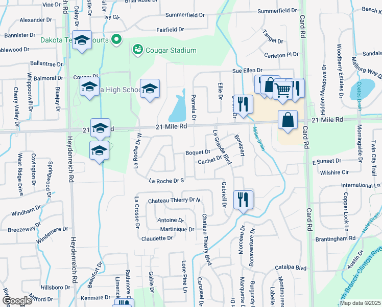 map of restaurants, bars, coffee shops, grocery stores, and more near 21262 Boquet Drive in Macomb