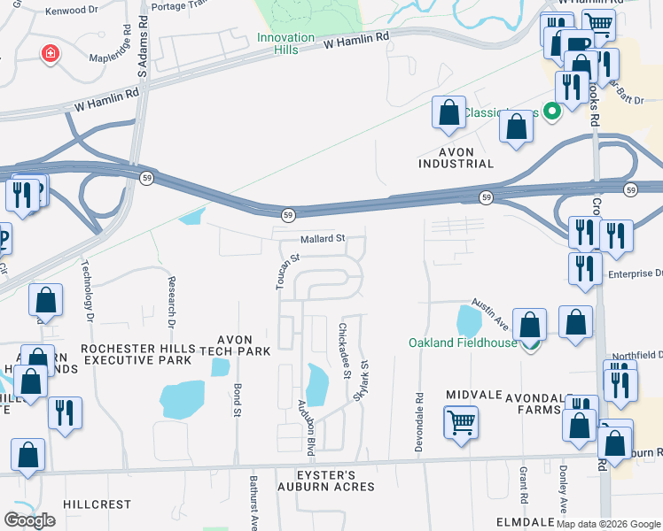 map of restaurants, bars, coffee shops, grocery stores, and more near 447 Flamingo Street in Rochester Hills