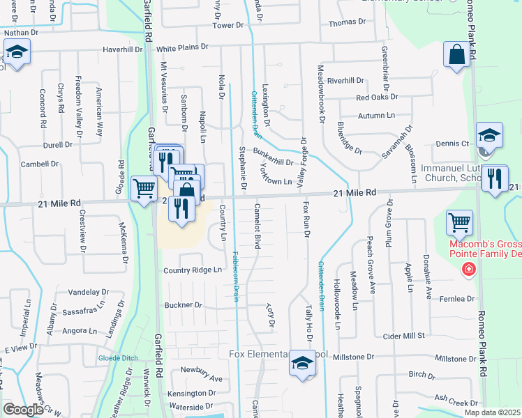 map of restaurants, bars, coffee shops, grocery stores, and more near 17125 York Drive in Macomb