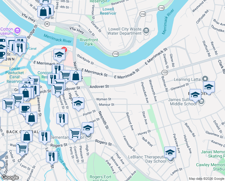 map of restaurants, bars, coffee shops, grocery stores, and more near 10 Mansion Drive in Lowell