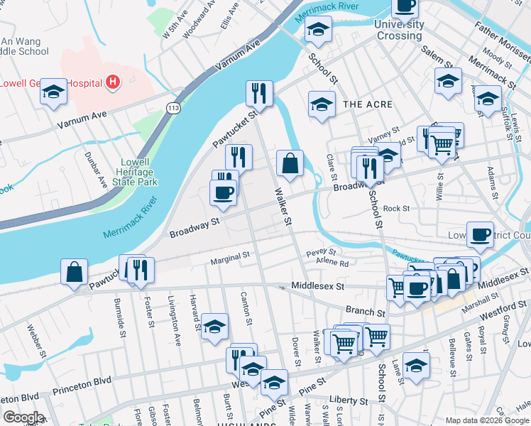 map of restaurants, bars, coffee shops, grocery stores, and more near 804 Broadway Street in Lowell