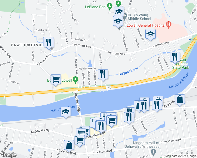 map of restaurants, bars, coffee shops, grocery stores, and more near 525 Pawtucket Boulevard in Lowell