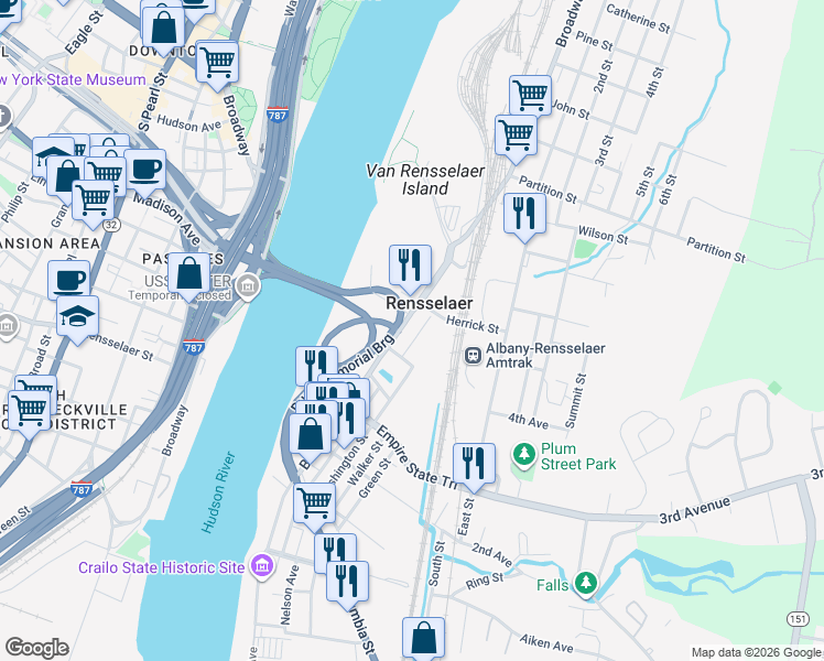 map of restaurants, bars, coffee shops, grocery stores, and more near in Rensselaer