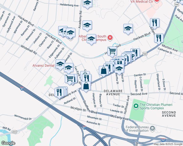 map of restaurants, bars, coffee shops, grocery stores, and more near 17 Cuyler Avenue in Albany