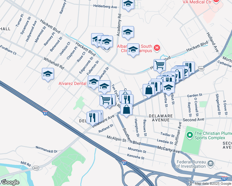 map of restaurants, bars, coffee shops, grocery stores, and more near 36 Ten Eyck Avenue in Albany