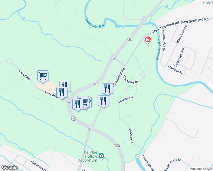 map of restaurants, bars, coffee shops, grocery stores, and more near 457 New York 85 in Slingerlands