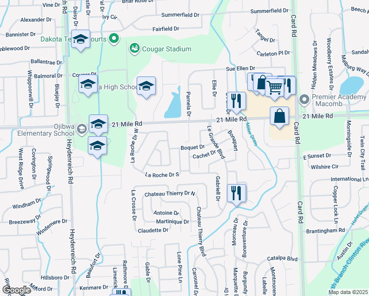 map of restaurants, bars, coffee shops, grocery stores, and more near 21262 Boquet Drive in Macomb