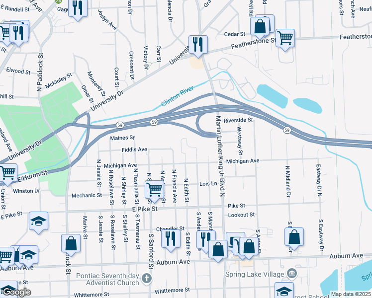 map of restaurants, bars, coffee shops, grocery stores, and more near 120 North Edith Street in Pontiac