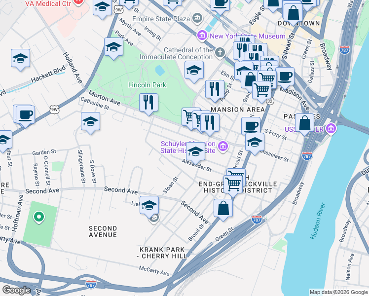 map of restaurants, bars, coffee shops, grocery stores, and more near 31 Osborne Street in Albany