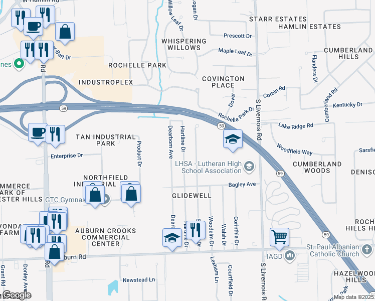 map of restaurants, bars, coffee shops, grocery stores, and more near 2623 Hartline Drive in Rochester Hills
