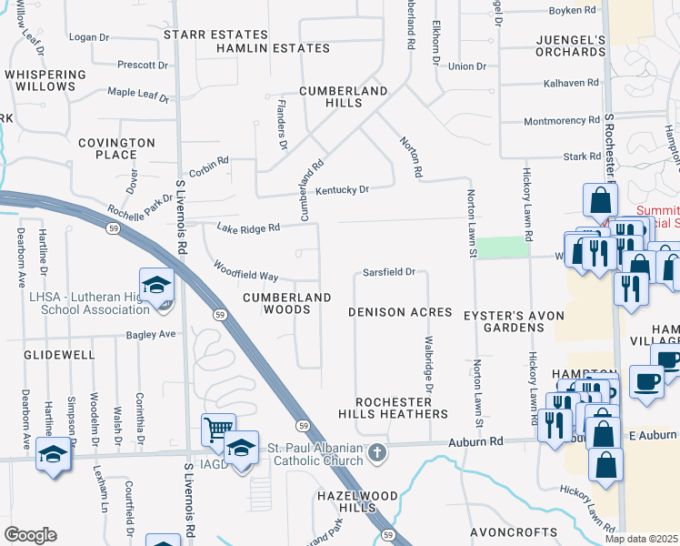 map of restaurants, bars, coffee shops, grocery stores, and more near 2566 Harrington Road in Rochester Hills