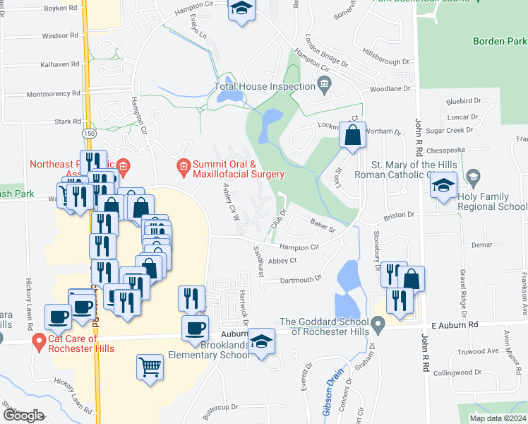 map of restaurants, bars, coffee shops, grocery stores, and more near 559 Harrow Court in Rochester Hills