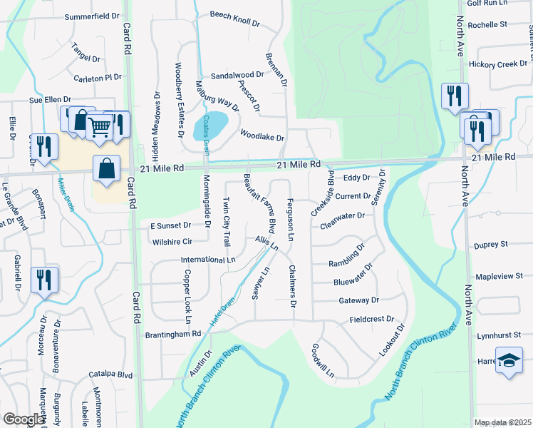map of restaurants, bars, coffee shops, grocery stores, and more near 46813 Beaufait Farms Boulevard in Macomb