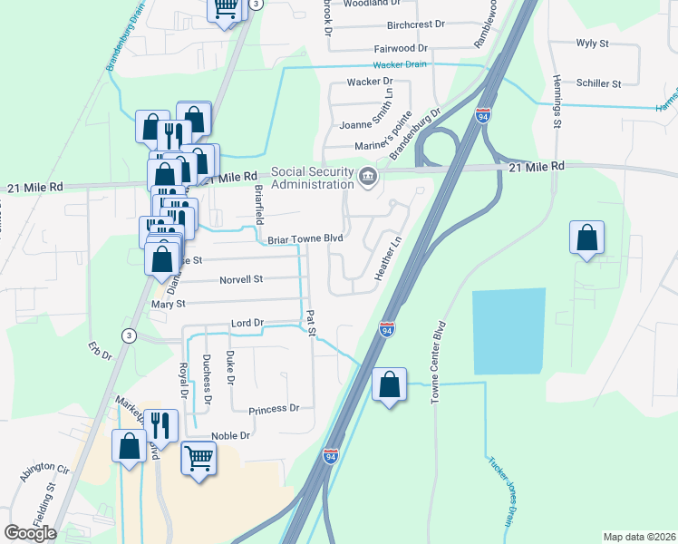 map of restaurants, bars, coffee shops, grocery stores, and more near 46563 Heathmoor Drive in Chesterfield
