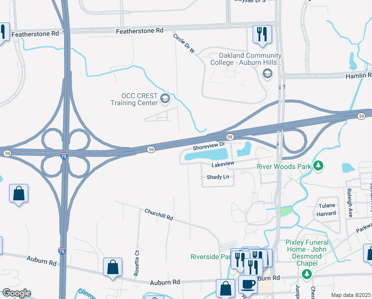 map of restaurants, bars, coffee shops, grocery stores, and more near 280 Shoreview Drive in Auburn Hills
