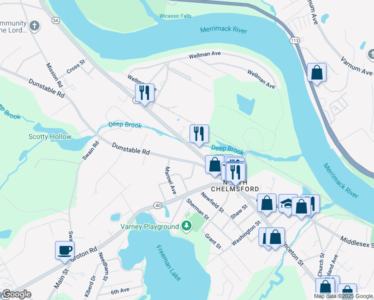 map of restaurants, bars, coffee shops, grocery stores, and more near 52 Tyngsboro Road in Chelmsford
