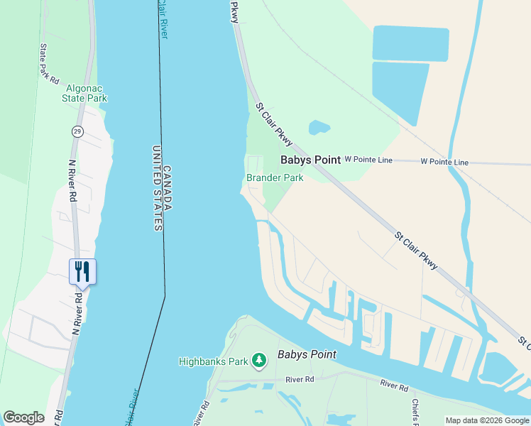 map of restaurants, bars, coffee shops, grocery stores, and more near 4639 Riverside Drive in Port Lambton