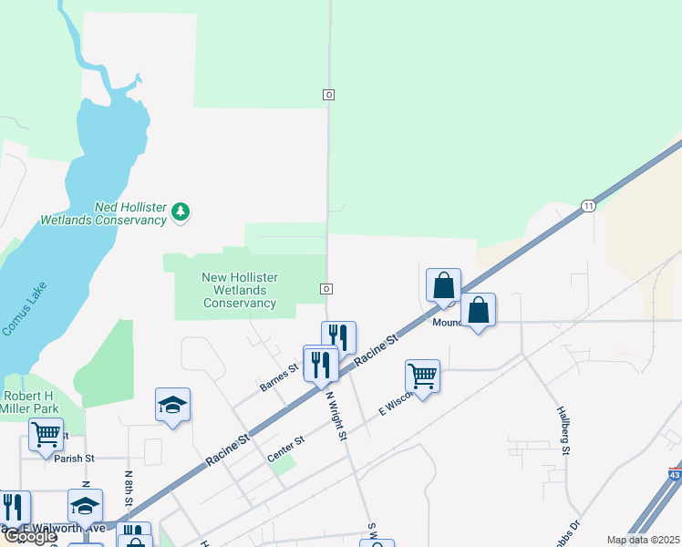 map of restaurants, bars, coffee shops, grocery stores, and more near 735 Sugar Creek Road in Delavan
