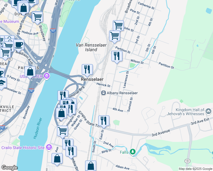 map of restaurants, bars, coffee shops, grocery stores, and more near Herrick Street in Rensselaer