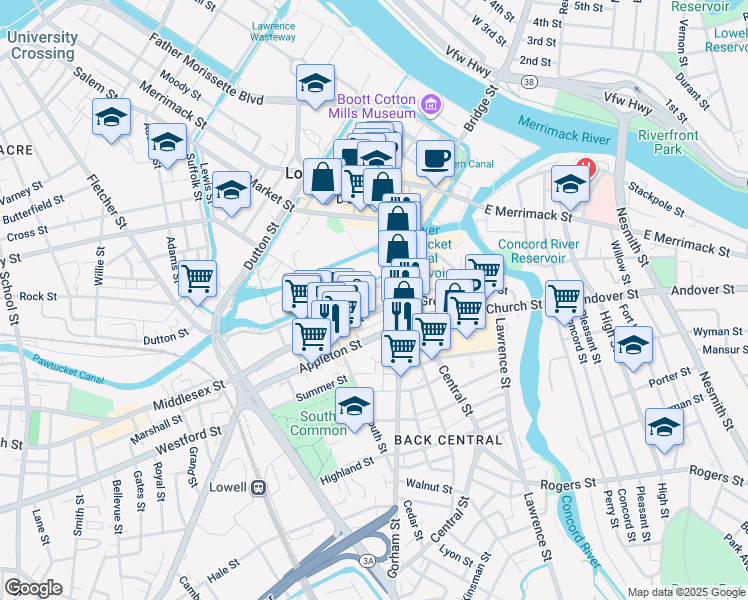 map of restaurants, bars, coffee shops, grocery stores, and more near 78 Jackson Street in Lowell