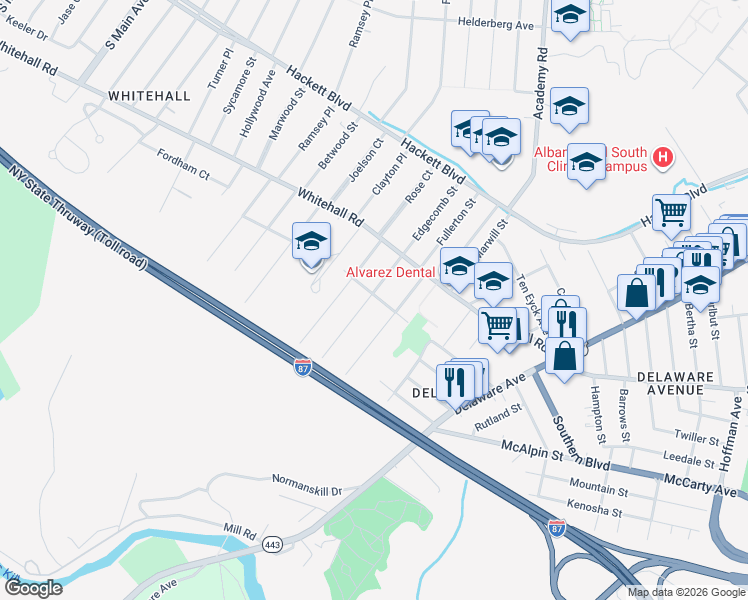 map of restaurants, bars, coffee shops, grocery stores, and more near 40a Dartmouth Street in Albany