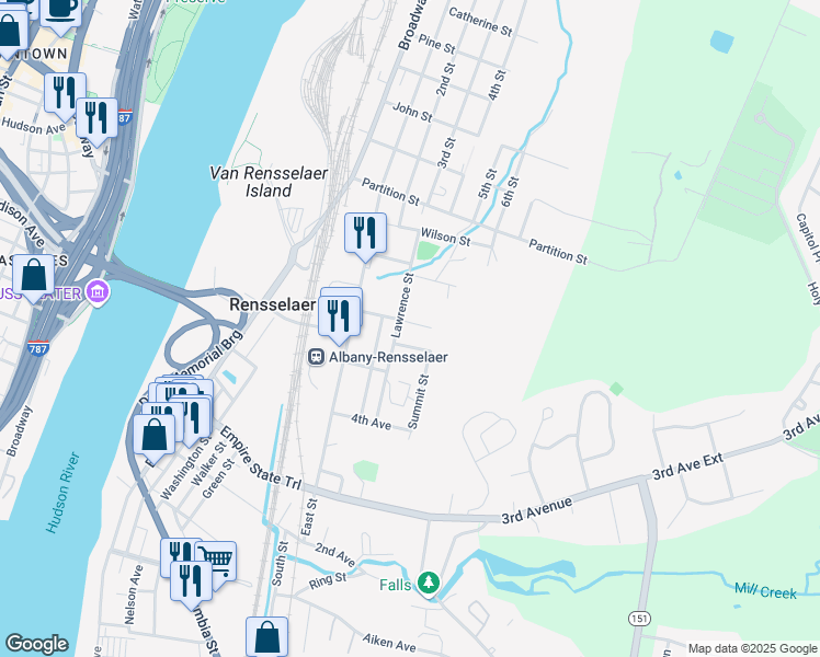 map of restaurants, bars, coffee shops, grocery stores, and more near 34 Wendell Street in Rensselaer