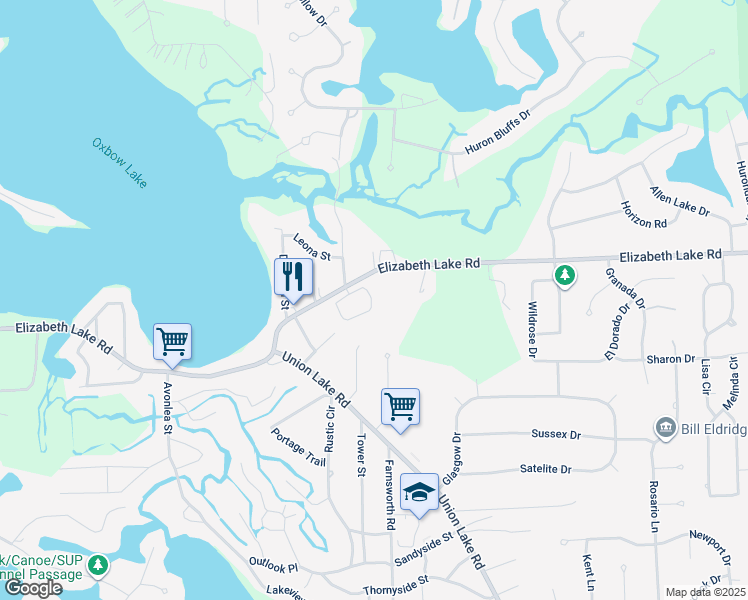 map of restaurants, bars, coffee shops, grocery stores, and more near 56 Grandview Circle in White Lake charter Township