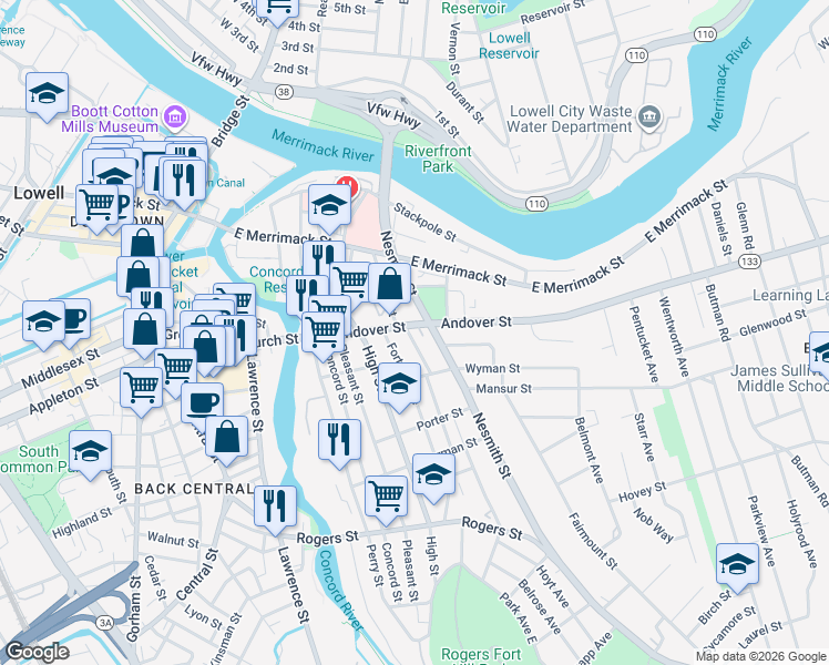 map of restaurants, bars, coffee shops, grocery stores, and more near 87 Nesmith Street in Lowell