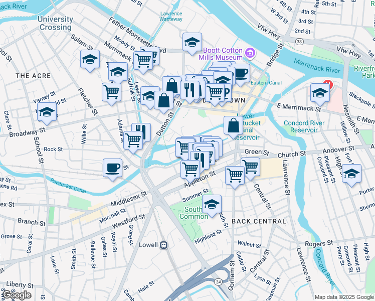 map of restaurants, bars, coffee shops, grocery stores, and more near 265 Jackson Street in Lowell