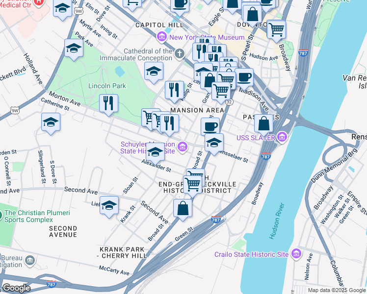 map of restaurants, bars, coffee shops, grocery stores, and more near 23 Catherine Street in Albany