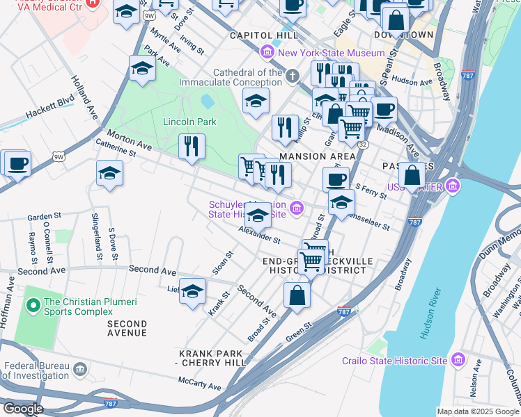 map of restaurants, bars, coffee shops, grocery stores, and more near 29 Elizabeth Street in Albany