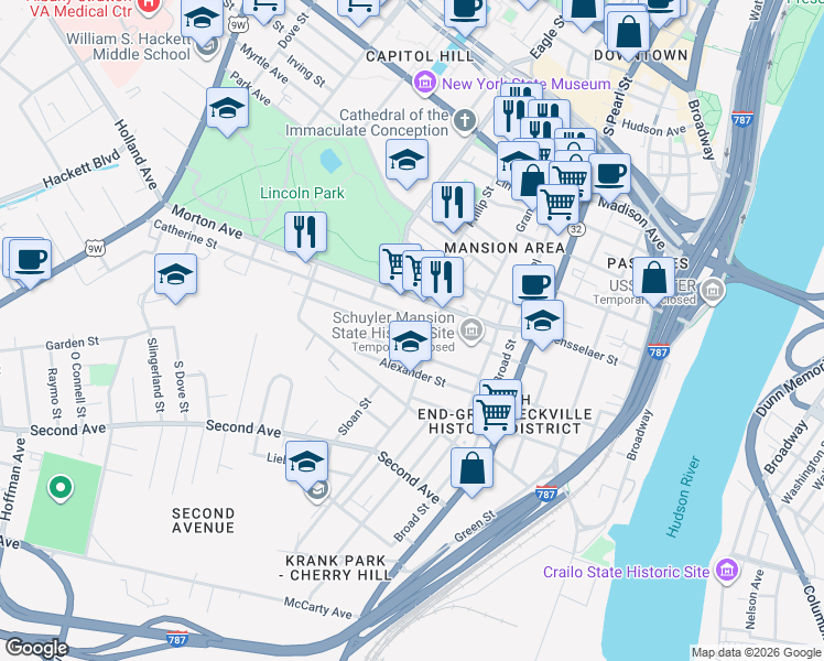 map of restaurants, bars, coffee shops, grocery stores, and more near 29 Elizabeth Street in Albany