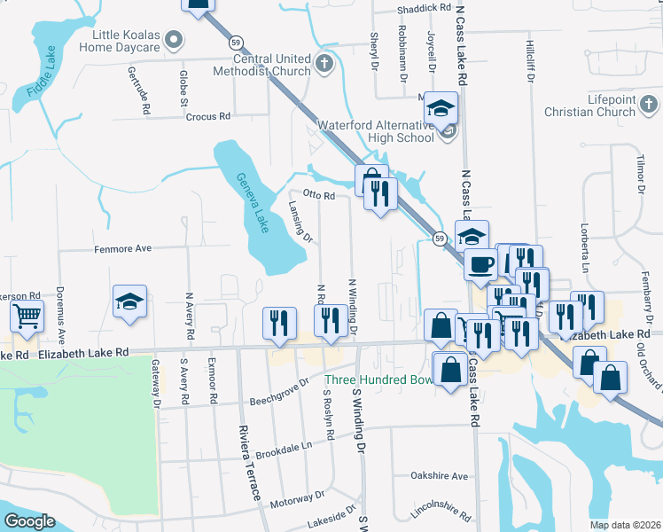 map of restaurants, bars, coffee shops, grocery stores, and more near 180 North Roslyn Road in Waterford Township